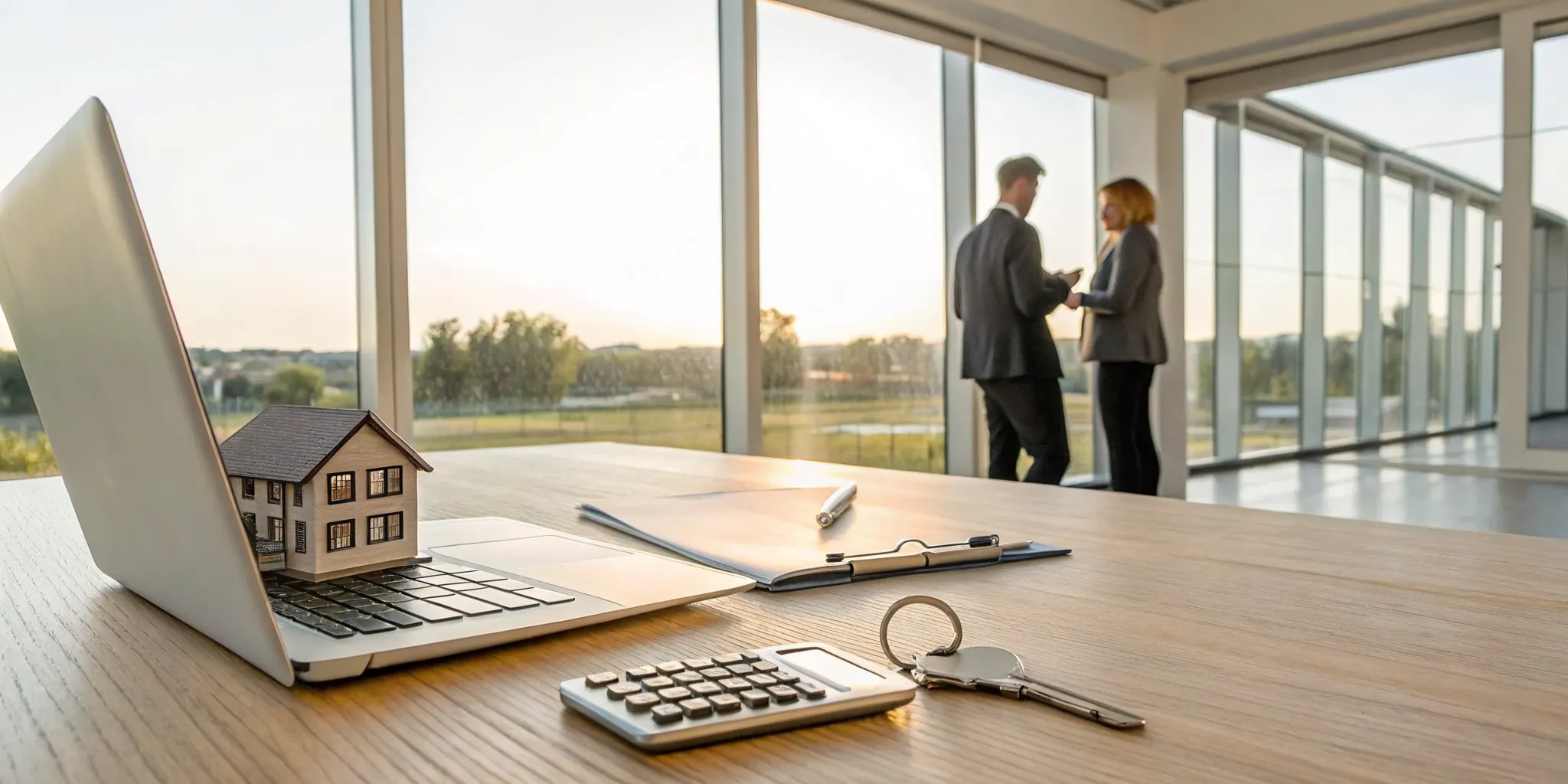 A desk with a laptop, house model, and paperwork to get pre-approved for a home loan.