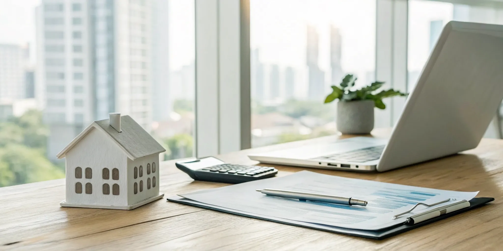 Laptop, calculator, and model house on a desk for comparing refinance mortgage rates.