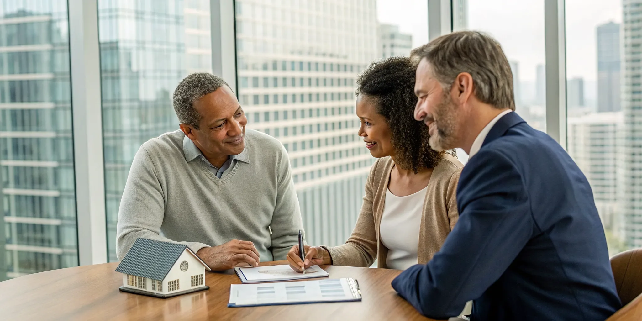 Homebuyers meeting with a lender to finalize their VA loan rates and sign documents.