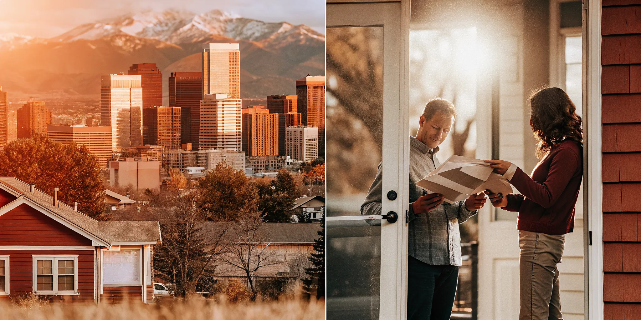 Denver Colorado skyline with Rocky Mountains in background, mortgage documents on a table, professional setting