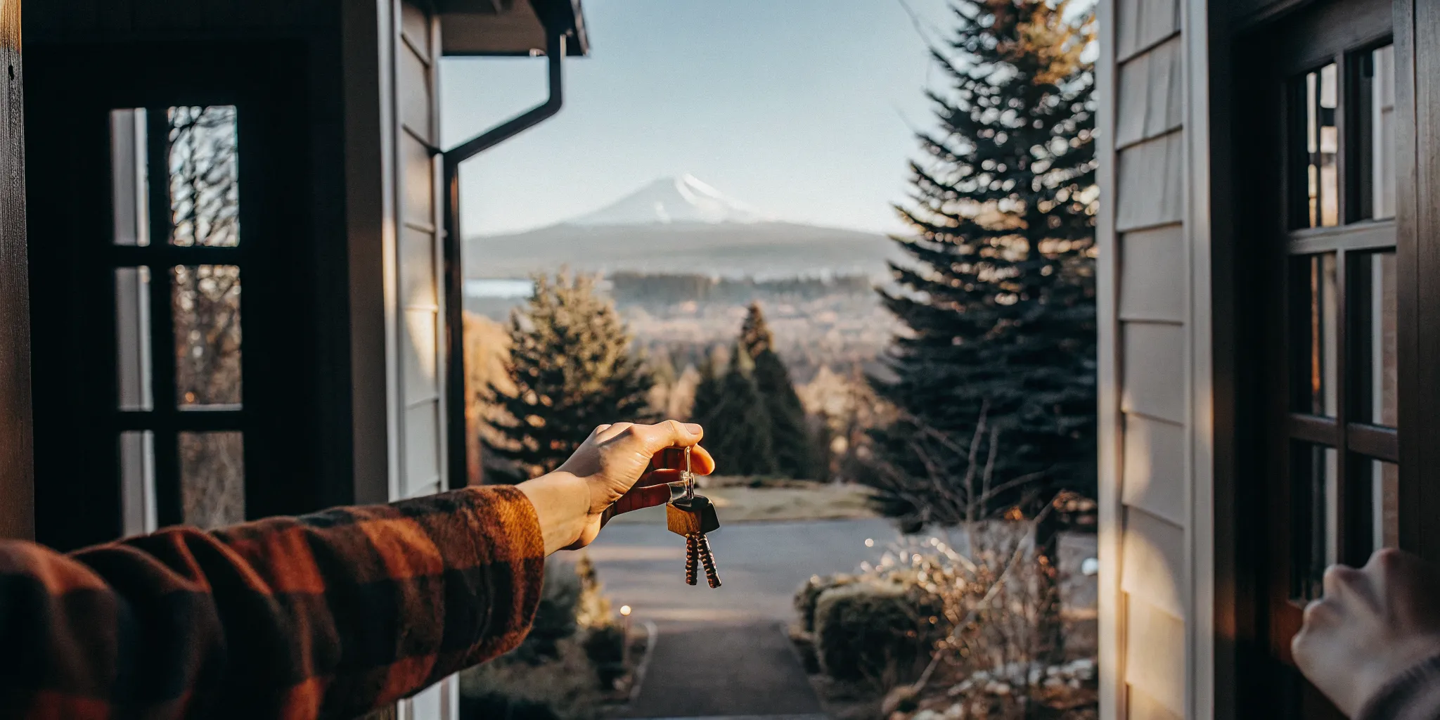 First-time homebuyer holding house keys in front of an Oregon home with mountain landscape