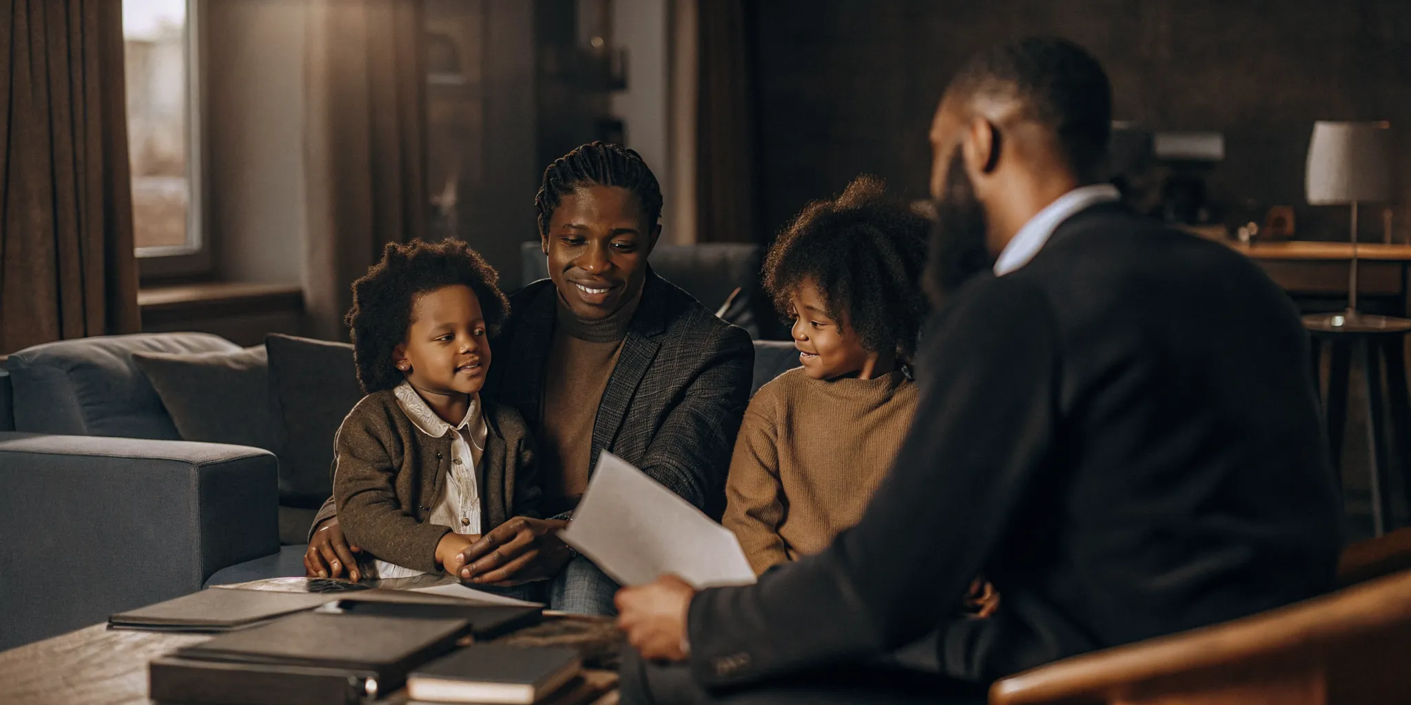 Family meeting with a mortgage loan officer in a bright office to discuss home financing paperwork