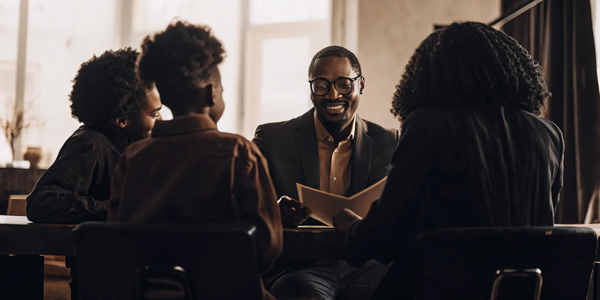 Family meeting with a mortgage loan officer in a bright office, reviewing home loan documents together