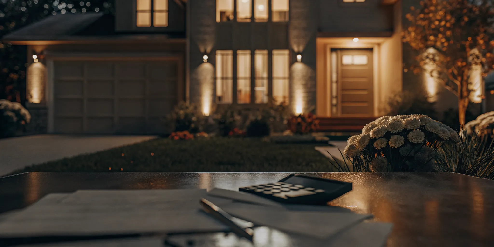 Modern suburban home with mortgage documents and calculator on a table in the foreground