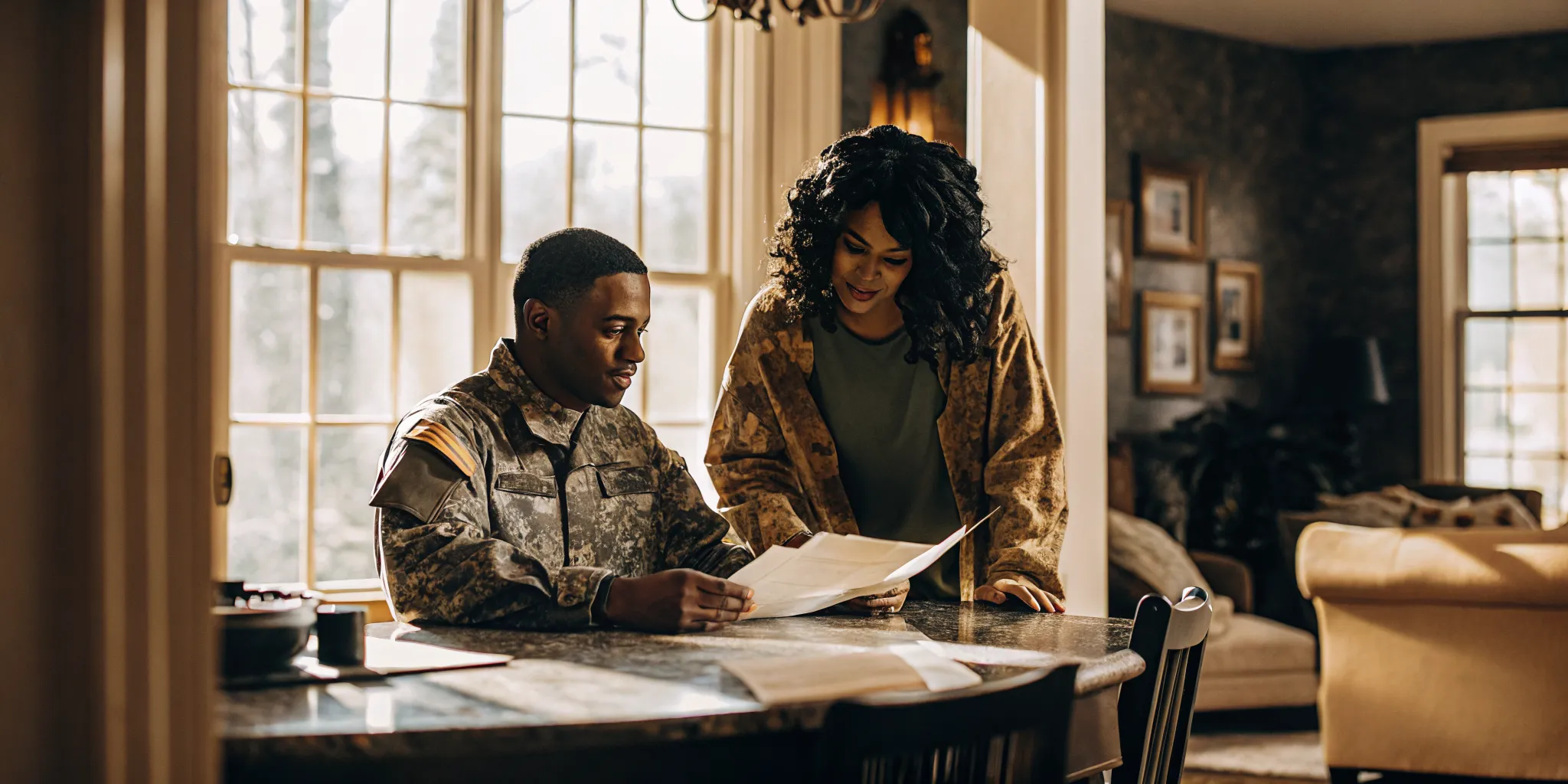 Loan officer meeting with a veteran family at their home to review refinance documents