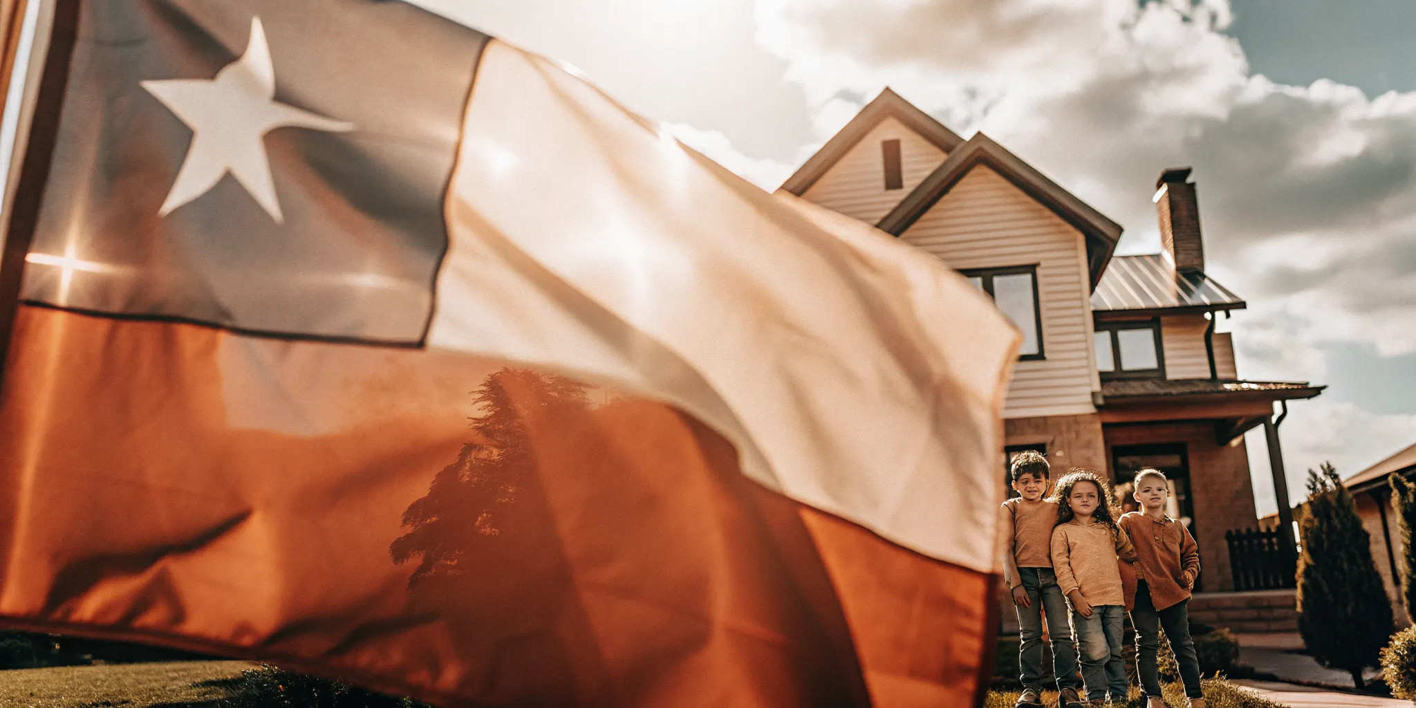 Texas flag waving next to a family standing in front of a new home