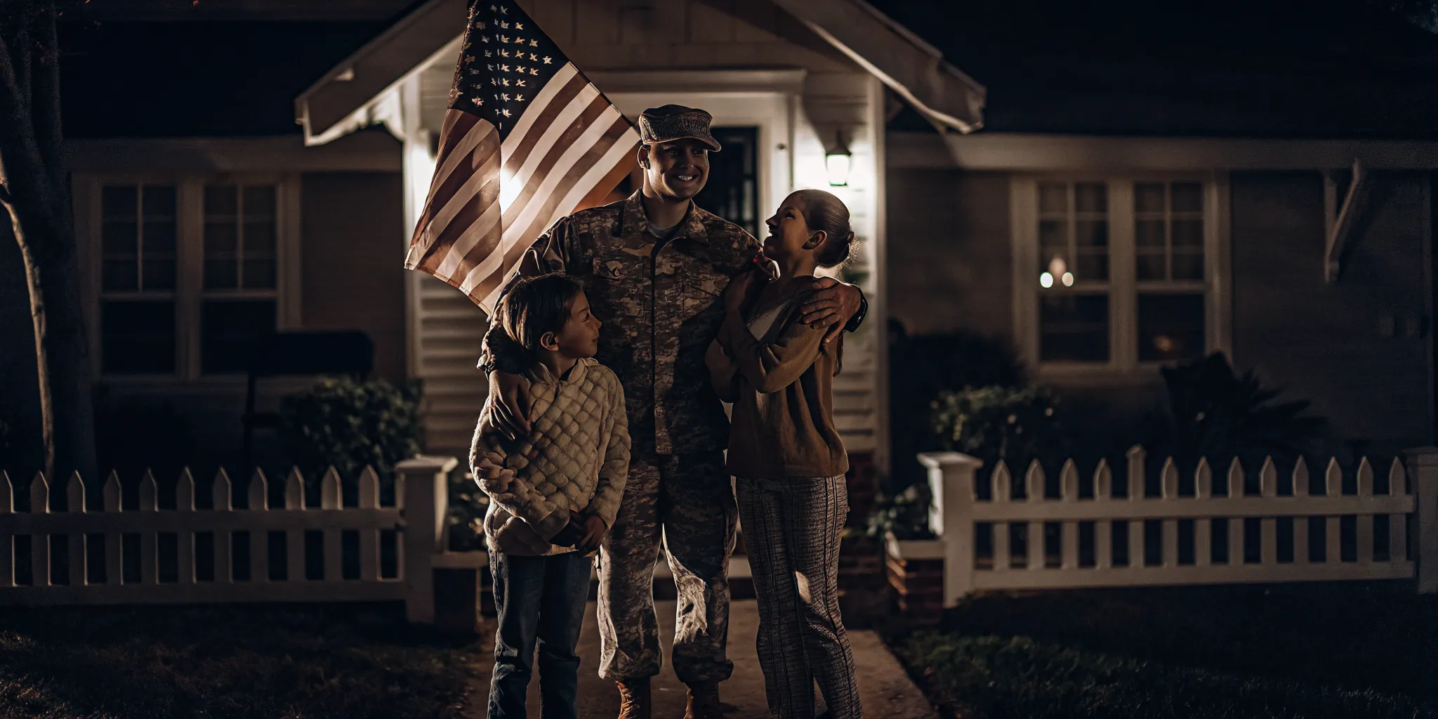 Military family standing in front of their new home with an American flag, welcoming scene
