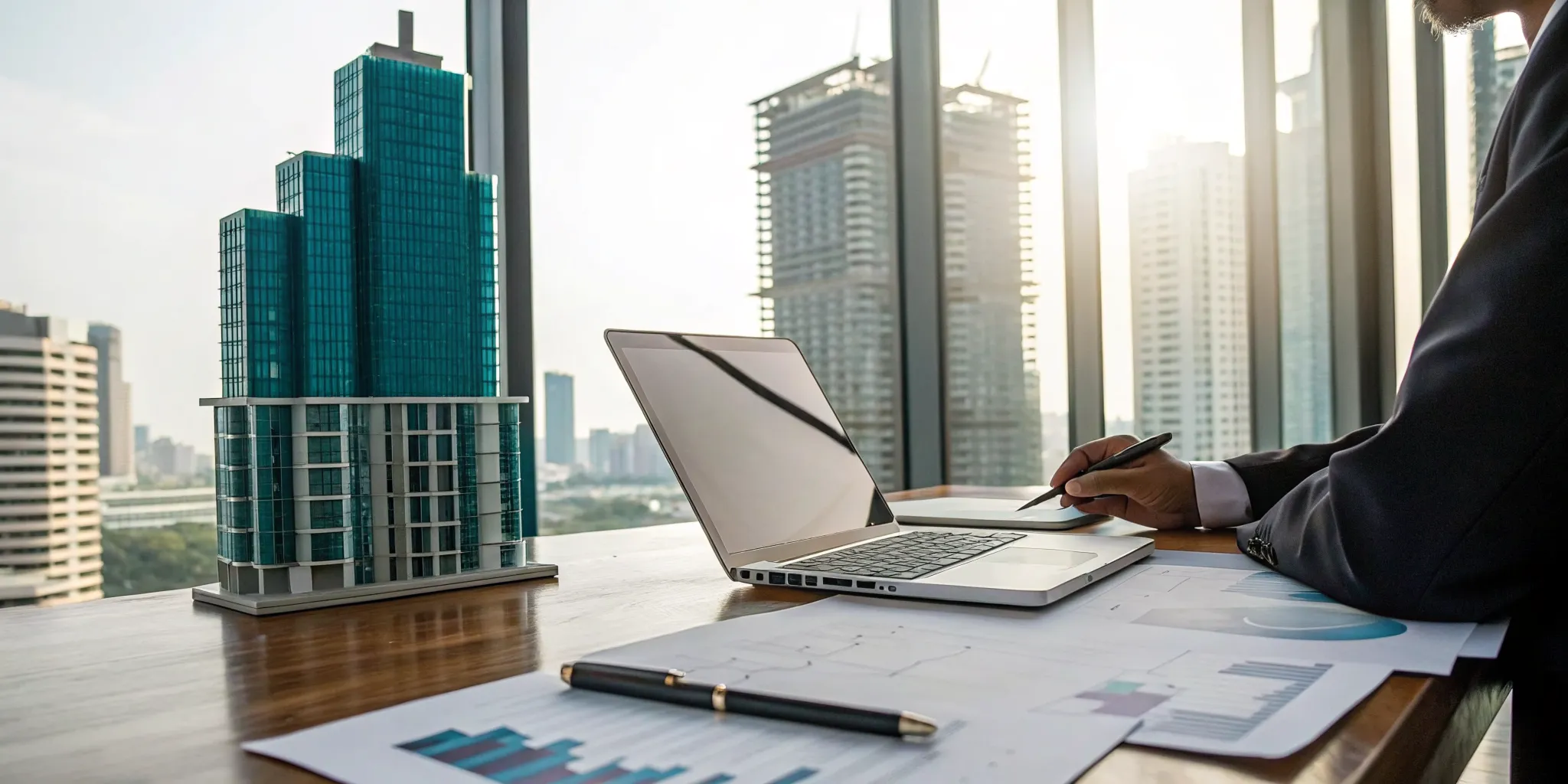 Investor analyzing DSCR loan rates on a laptop next to a building model and financial charts.