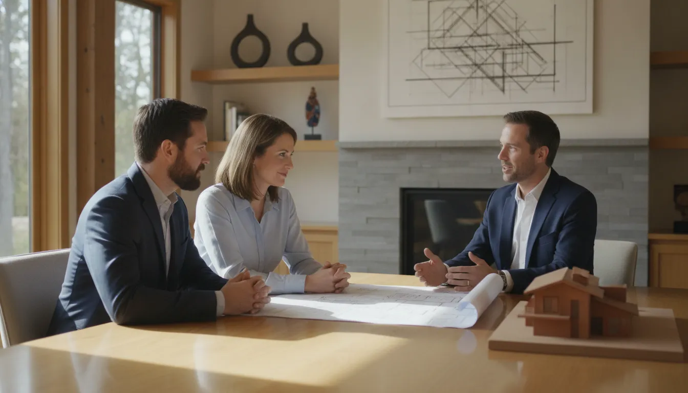 Homeowners comparing mortgage refinance terms with a loan officer