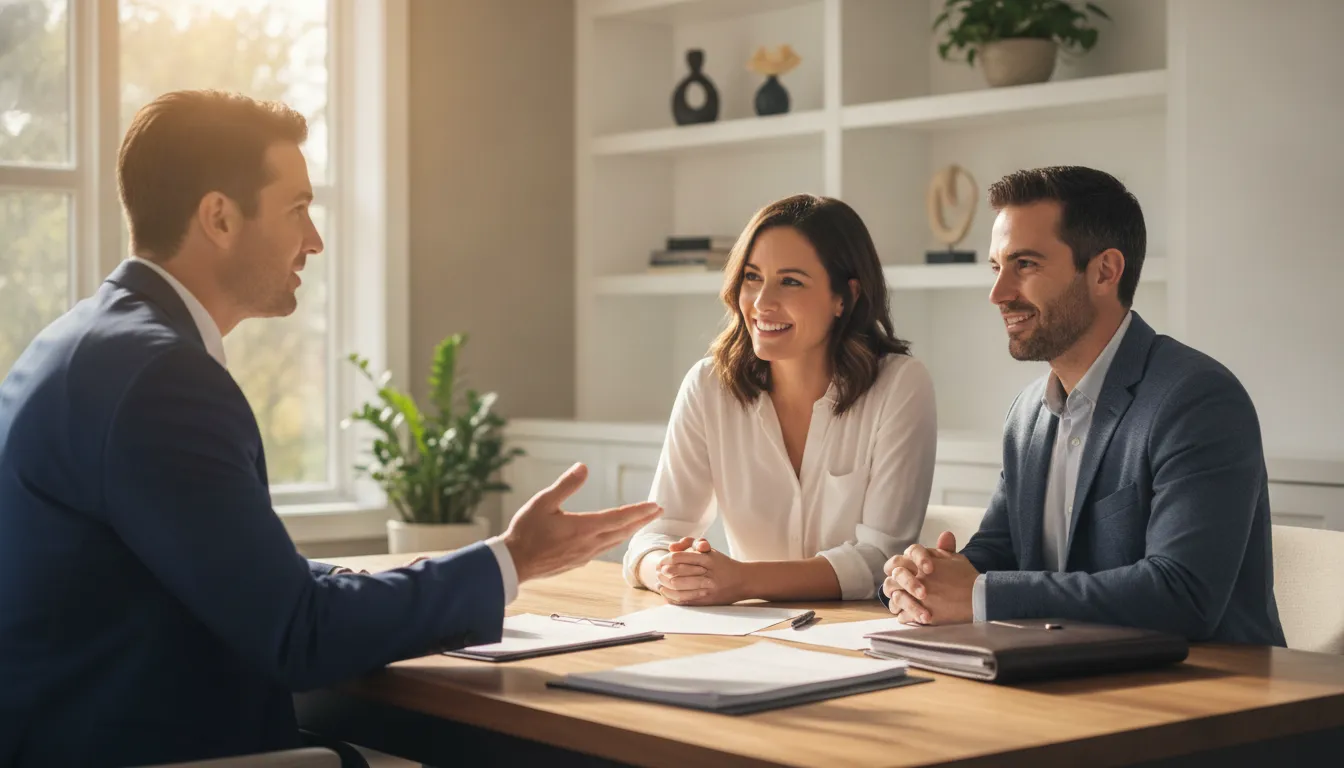 Mortgage loan officer helping homeowners compare current mortgage refinance rates