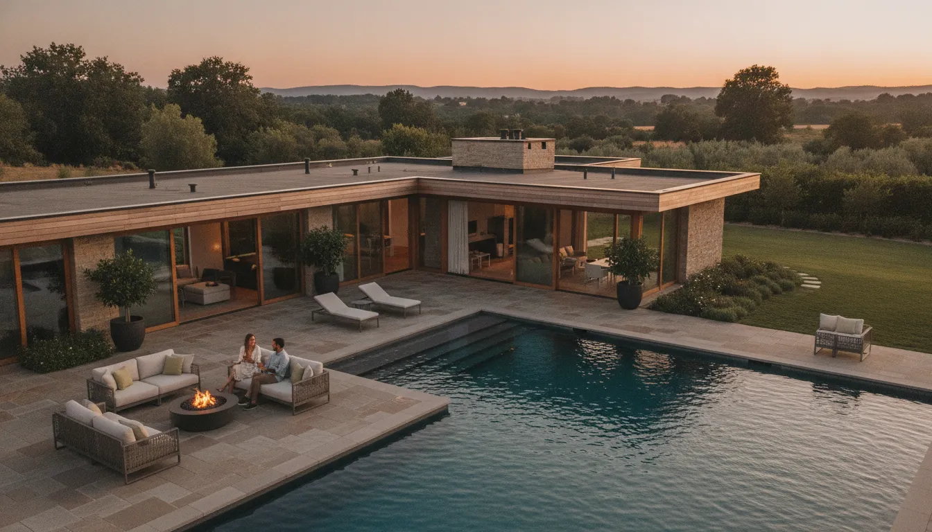 Airbnb and VRBO short-term rental property with a pool at dusk