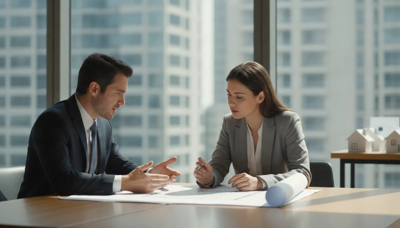 Real estate investor and mortgage loan officer reviewing renovation plans for a fix-and-flip project across a desk