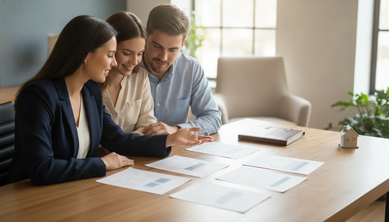 Mortgage loan officer helping a homebuyer couple compare loan options at a desk