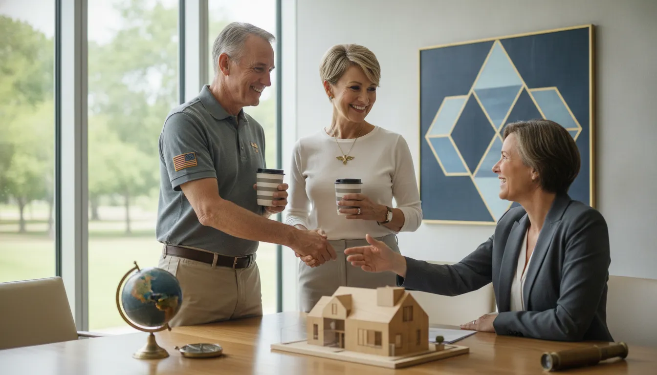 Veteran couple discussing repeat VA loan options with a mortgage loan officer