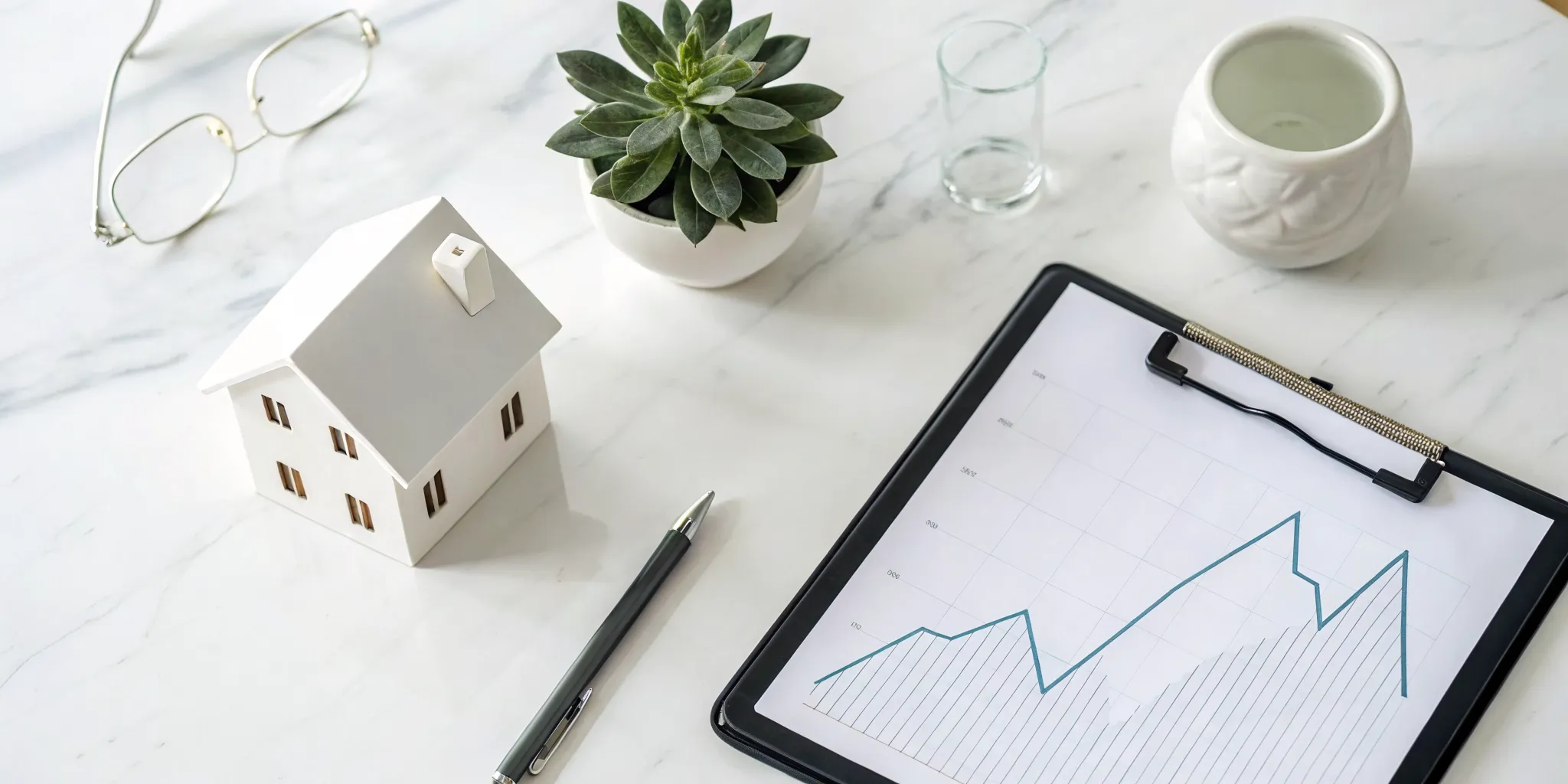 Clipboard with a chart of current mortgage rates next to a model house.