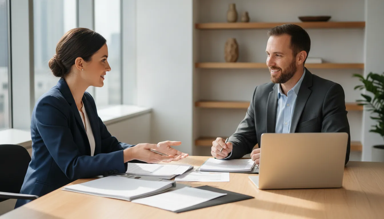 Mortgage loan officer reviewing business income documents with a self-employed small business owner
