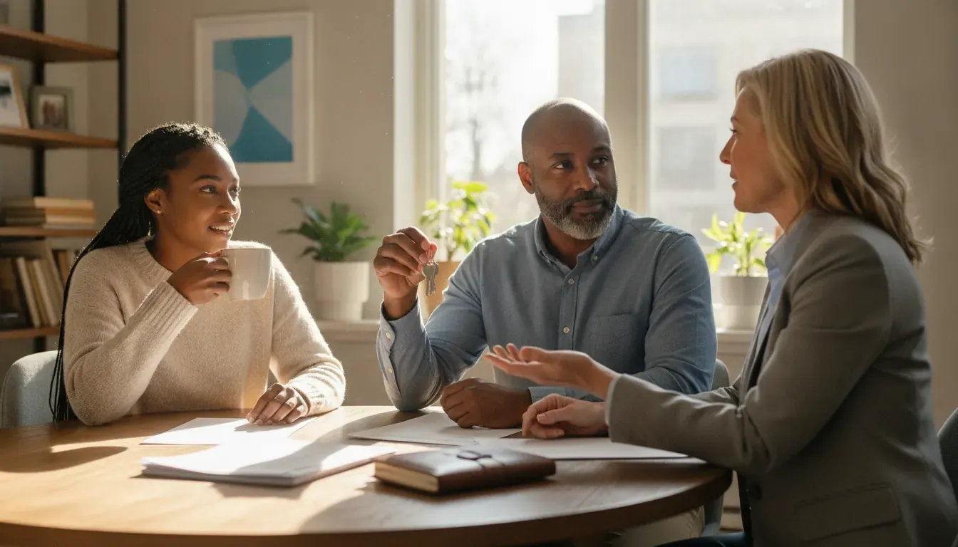 Veteran couple discussing a VA loan funding fee with a mortgage loan officer