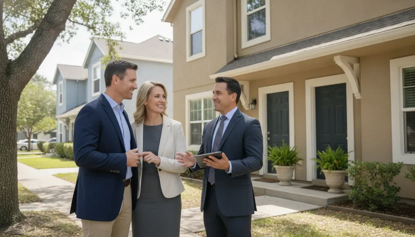 Veteran couple discussing a VA loan rental property with a mortgage loan officer outside a duplex
