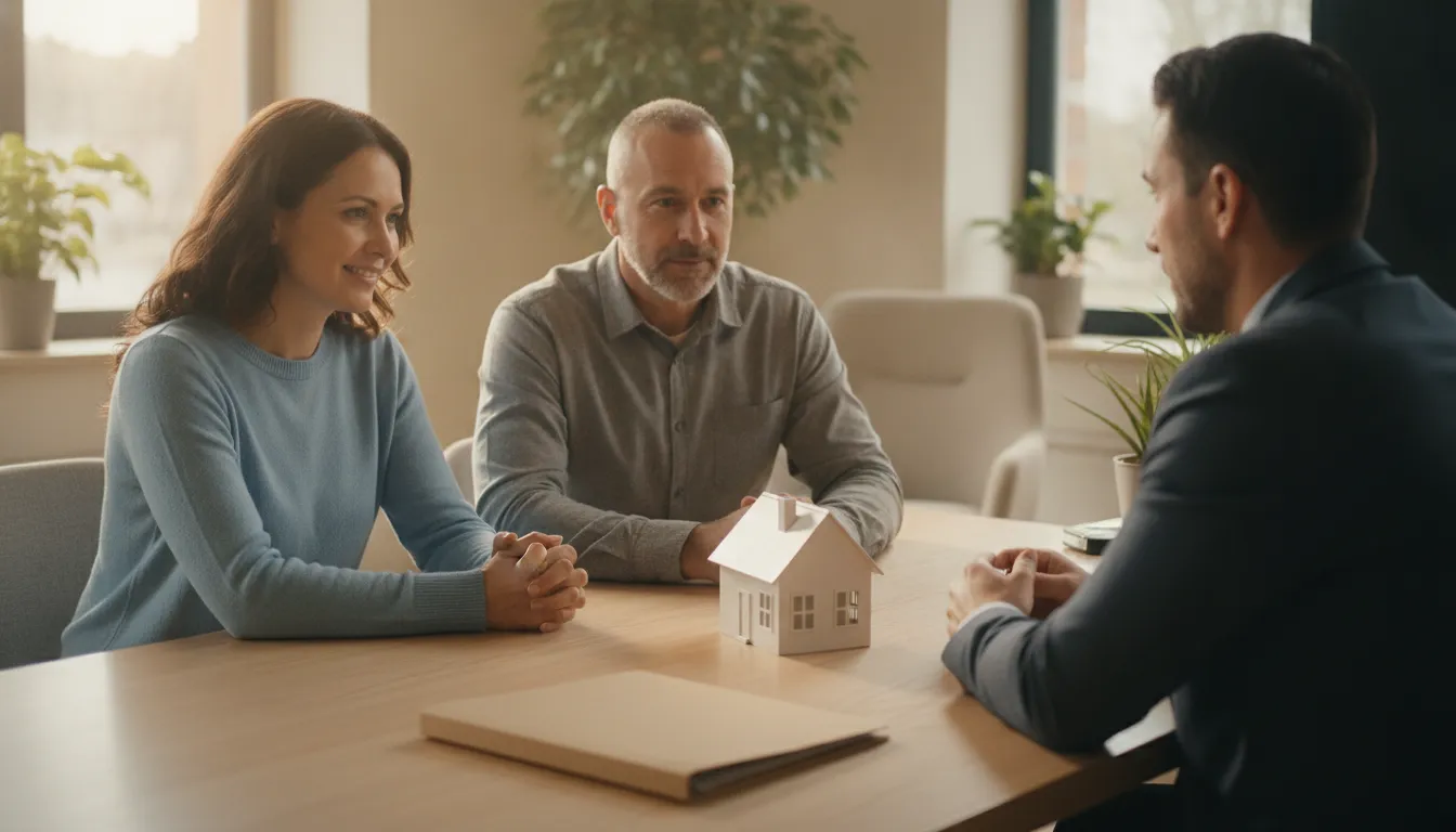 Veteran couple discussing VA home loan requirements with a mortgage loan officer