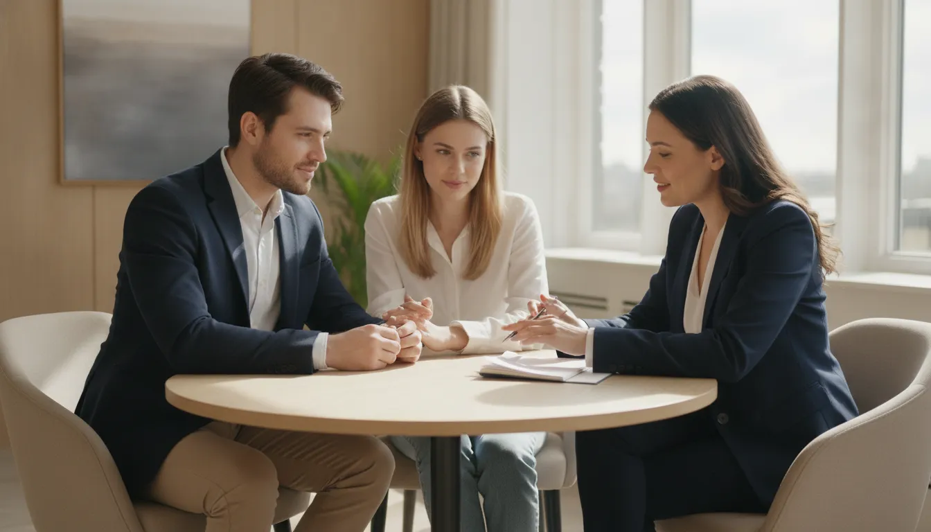 Mortgage loan officer explaining home loan options to first-time homebuyers