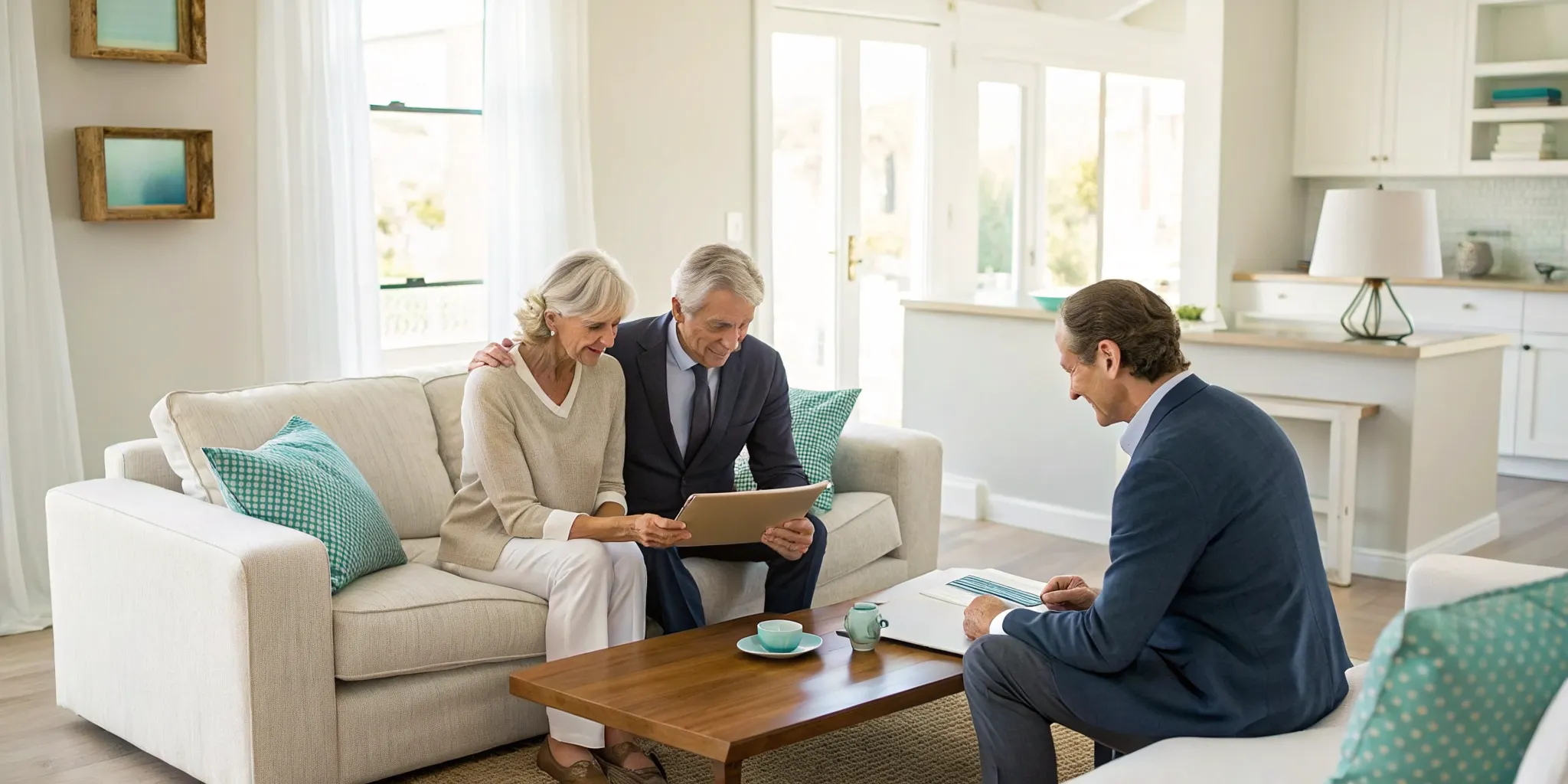 Senior couple discussing the details of a reverse mortgage with an advisor.