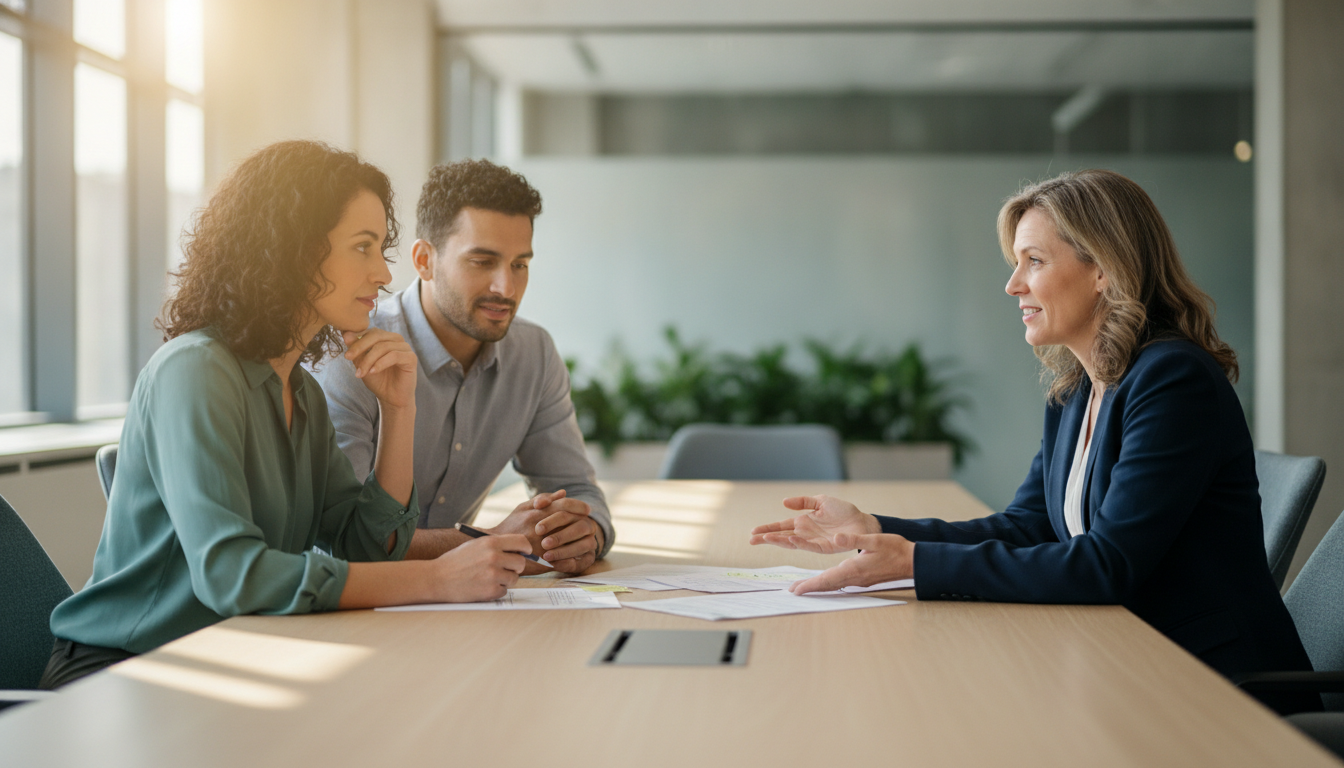 Couple reviewing mortgage documents with a loan professional
